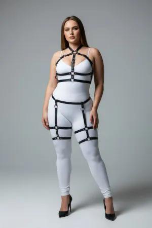 Black faux leather full body harness with garter straps and silver O-rings