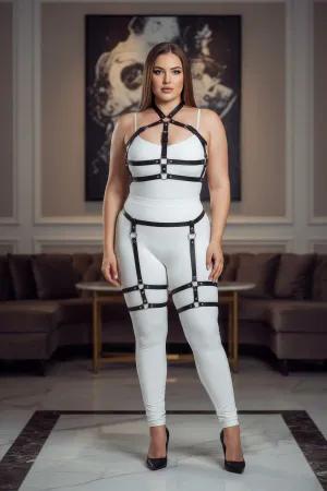 Black faux leather full body harness with garter straps and silver O-rings