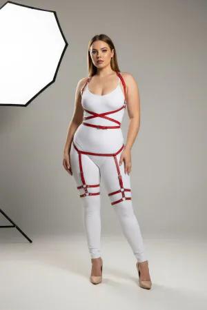 Red faux leather strappy full body harness with adjustable straps