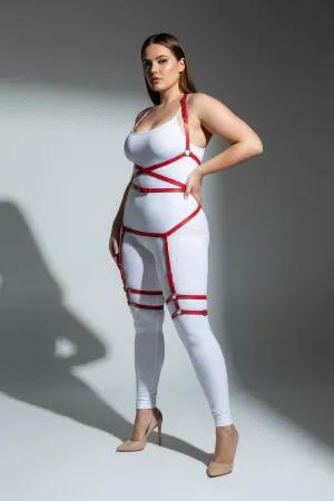 Red faux leather strappy full body harness with adjustable straps