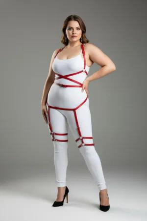 Red faux leather strappy full body harness with adjustable straps