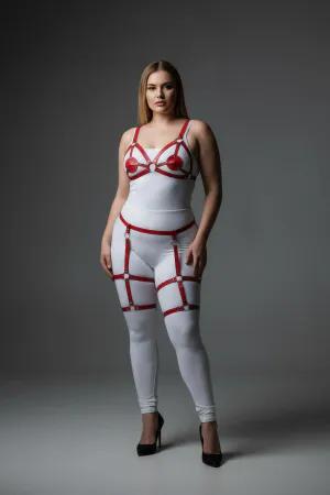 Red Faux Leather Body Harness with Garters and O-Ring Detail on Model