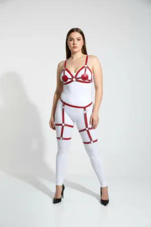 Red Faux Leather Body Harness with Garters and O-Ring Detail on Model