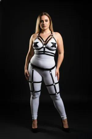 Plus Size Black Faux Leather Strappy Full Body Harness with Detachable Leg Garters