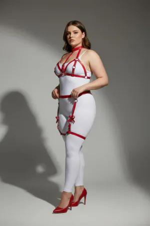 Red Faux Leather Garter Harness with Bow Detail and Adjustable Straps