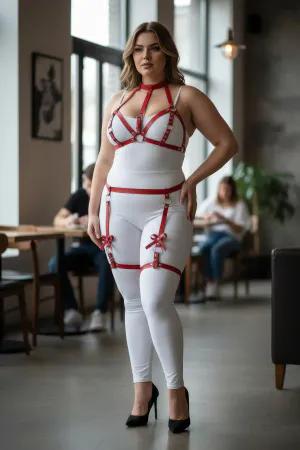 Red Faux Leather Garter Harness with Bow Detail and Adjustable Straps