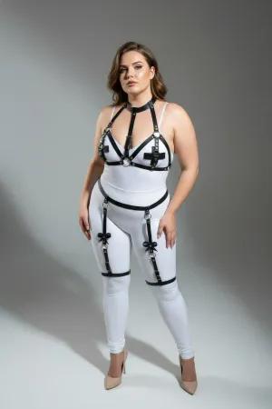 Black vegan leather strappy garter body harness with O-ring and bow details