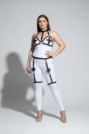 Black vegan leather strappy garter body harness with O-ring and bow details