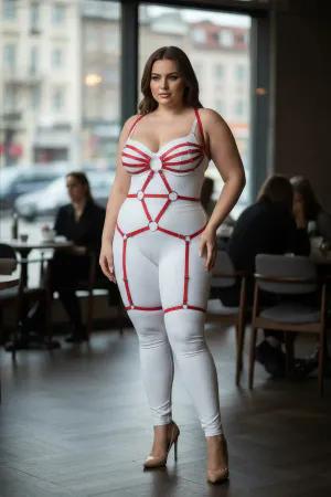 Red Full Body Caged Harness Plus Size with Silver O-Rings and Thigh Straps