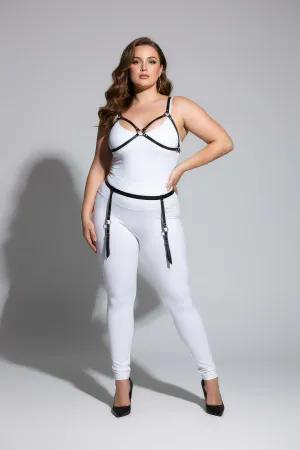 Plus Size Body Harness Black Faux Leather Strappy Bra and Garter Design Silver O-Rings