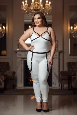 Plus Size Body Harness Black Faux Leather Strappy Bra and Garter Design Silver O-Rings