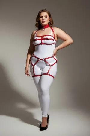 Red Faux Leather Full Body Harness Plus Size Model Silver O-Rings Choker Garter Straps