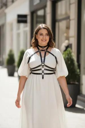 Black Faux Leather Cage Harness with Choker and O-Rings Worn Over White Dress