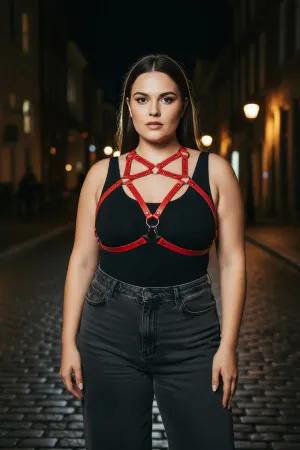 Red Faux Leather Chest Harness O-Ring Detail Plus Size