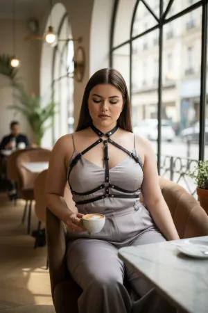 Black Faux Leather Chest Harness with Silver O-Rings over a White Dress