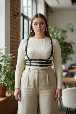 Black Faux Leather Three-Strap Waist Cinch Harness for Women