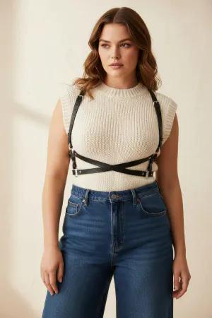 Black Faux Leather Minimalist Chest Harness Women Cross Underbust Straps