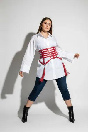 Red Caged Waist Harness Faux Leather Detachable Tassels Front View