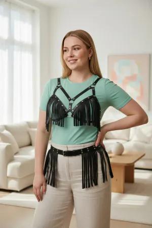 Black Fringe Faux Leather Chest Harness and Waist Belt Set worn over a cream top and mint trousers