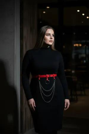 Red Faux Leather Waist Harness Belt Women Silver O-Ring Chains