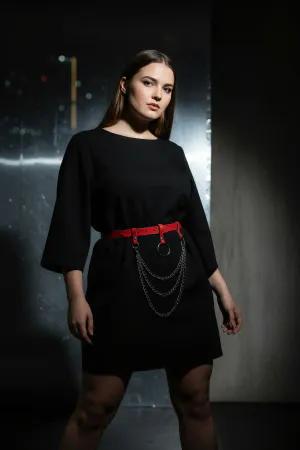 Red Faux Leather Waist Harness Belt Women Silver O-Ring Chains