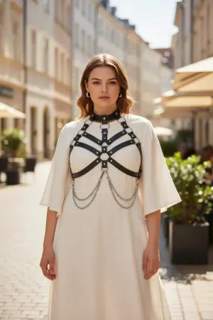 Black Faux Leather O-Ring Chest Harness Draped Chains White Dress