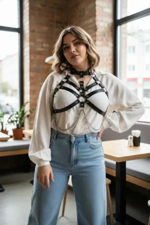 Black Faux Leather O-Ring Chest Harness Draped Chains White Dress