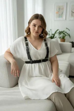 Black Faux Leather Multi-Buckle Chest Harness Vest over White Shirt