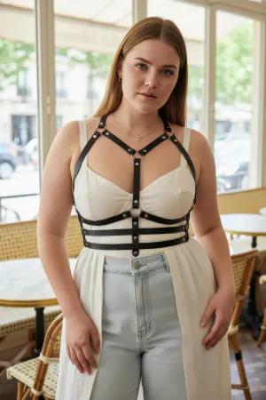 Black Faux Leather Multi-Strap Chest Harness Silver Studs