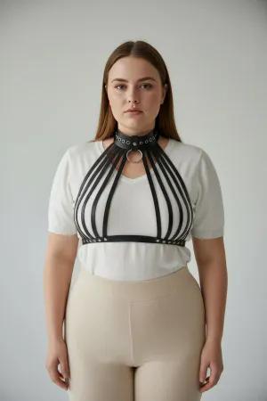 Black Faux Leather Caged Chest Harness with Studded Choker O-Ring