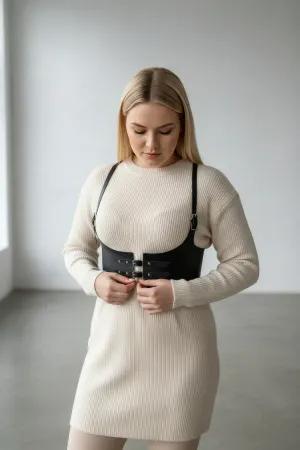 Black Faux Leather Underbust Harness Wide Straps Adjustable Over Cream Sweater