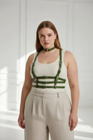 Olive Green Faux Leather Chest Harness Women Plus Size with Matching Choker