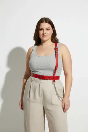 Red Faux Leather Waist Harness Belt with Detachable Silver Chain on model