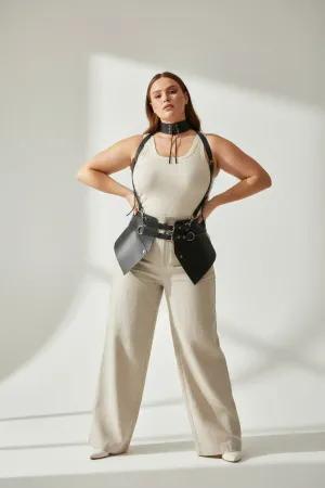 Black Faux Leather Integrated Choker Body Harness Waist Panels