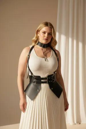 Black Faux Leather Integrated Choker Body Harness Waist Panels
