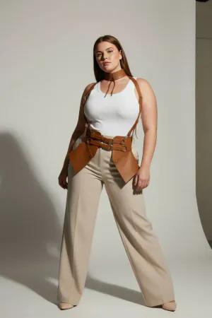 Tan Faux Leather Waspie Corset Harness with Choker and Shoulder Straps