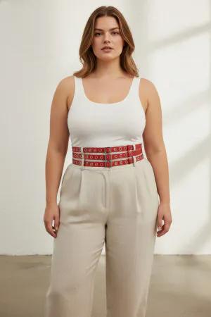 Red Faux Leather Waist Harness Belt with Square Buckles Worn Over Trousers