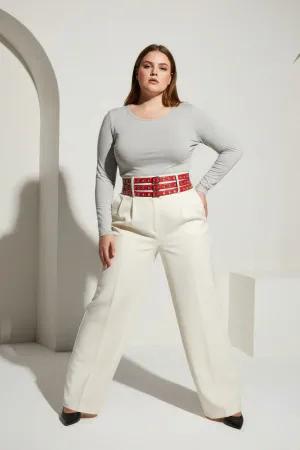 Red Faux Leather Waist Harness Belt with Square Buckles Worn Over Trousers