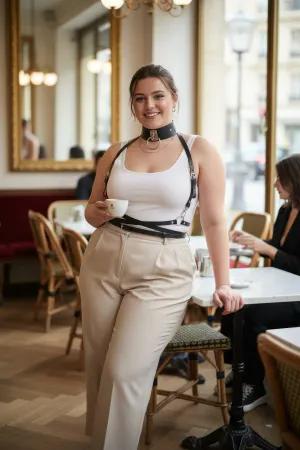 Black Faux Leather Body Harness with O-Ring Choker and Waist Belt worn over white top