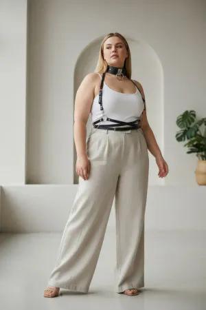 Black Faux Leather Body Harness with O-Ring Choker and Waist Belt worn over white top