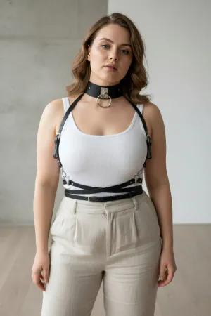 Black Faux Leather Body Harness with O-Ring Choker and Waist Belt worn over white top