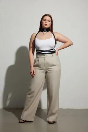 Black Faux Leather Body Harness with O-Ring Choker and Waist Belt worn over white top
