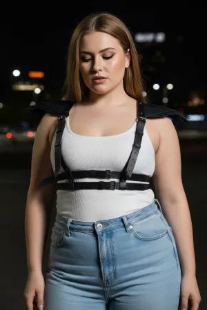 Black Faux Leather Chest Harness with Structured Shoulder Epaulettes on Model