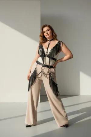 Black Fringed Faux Leather Body Harness with Choker and Waist Chains