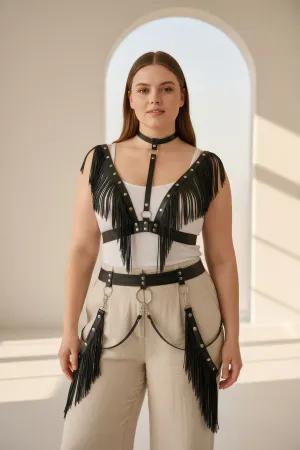 Black Fringed Faux Leather Body Harness with Choker and Waist Chains