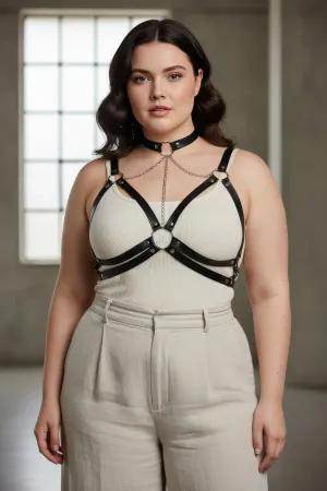 Black Faux Leather Caged Chest Harness Choker Detachable Body Chain
