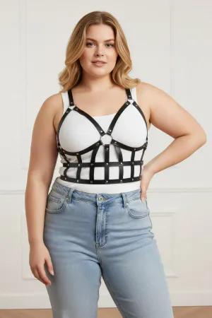 Black Caged Faux Leather Body Harness with Studded Grid Design worn over a white t-shirt