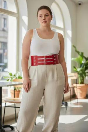 Red Faux Leather Wide Waist Cinch Harness Belt on Plus Size Model