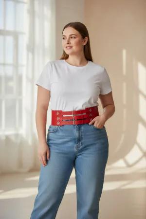 Red Faux Leather Wide Waist Cinch Harness Belt on Plus Size Model