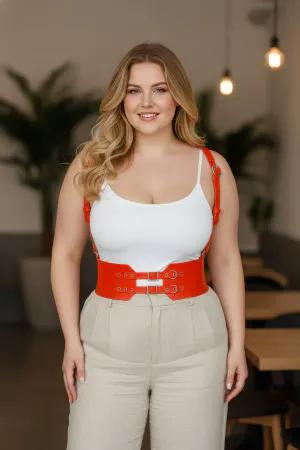 Orange Faux Leather Wide Waspie Body Harness with Double Buckles